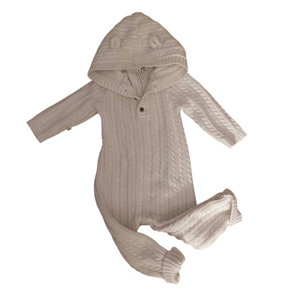 Janie & Jack Infant Cable Knit White Hooded Jumpsuit Henley Top Size 6-12M - Picture 1 of 6